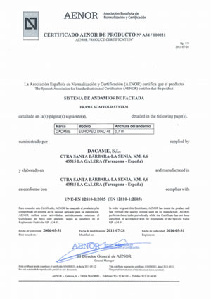 Borrador – inicio Certificado AENOR de producto - Andamio DINO 48